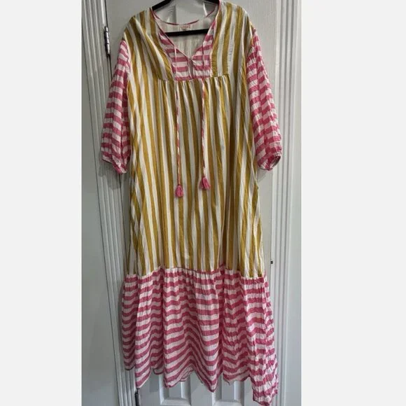 SUNSHINE TIENDA MUSTARD & PINK STRIPED COPA W/ POCKETS DRESS M/L *SMALL FLAW - Picture 2 of 14